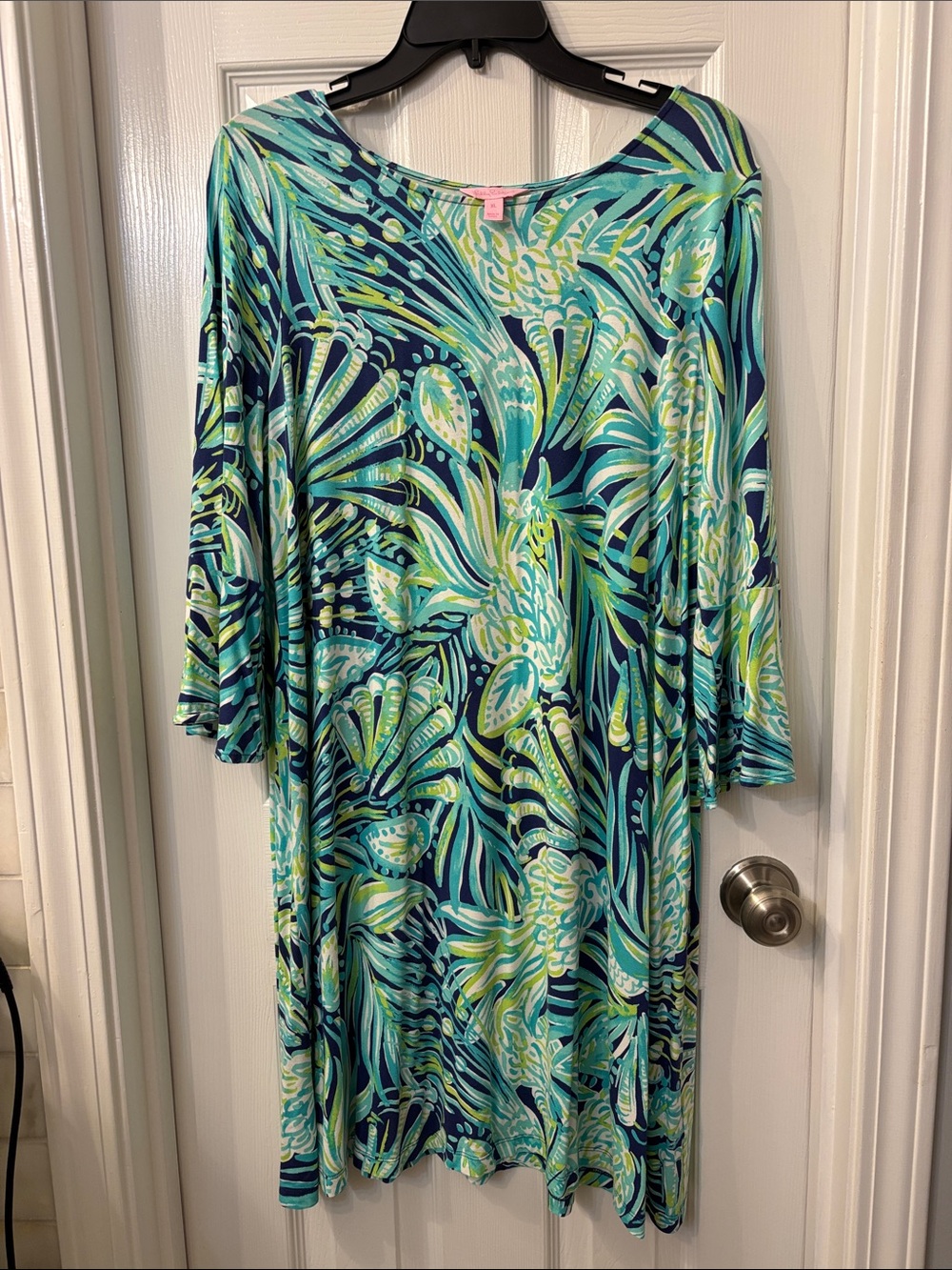 Lilly Pulitzer Navy, Aqua & Lime Palm-Print Long Sleeve Dress